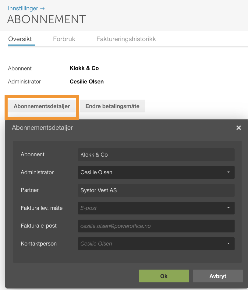 Abonnementsdetaljer-dialogboks: Klokk & Co, administrator Cesilie Olsen, faktura e-post, Ok/Avbryt
