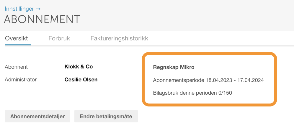 Abonnement Klokk & Co, admin Cesilie Olsen, periode 18.04.23–17.04.24, bilagsbruk 0/150