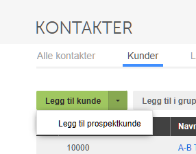 Legg til kunde-meny med alternativ for prospektkunde, kontaktnummer 10000