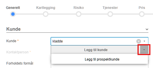 Kundevalg med søkefelt «Kladde» og rullegardinmeny: Legg til kunde / prospektkunde