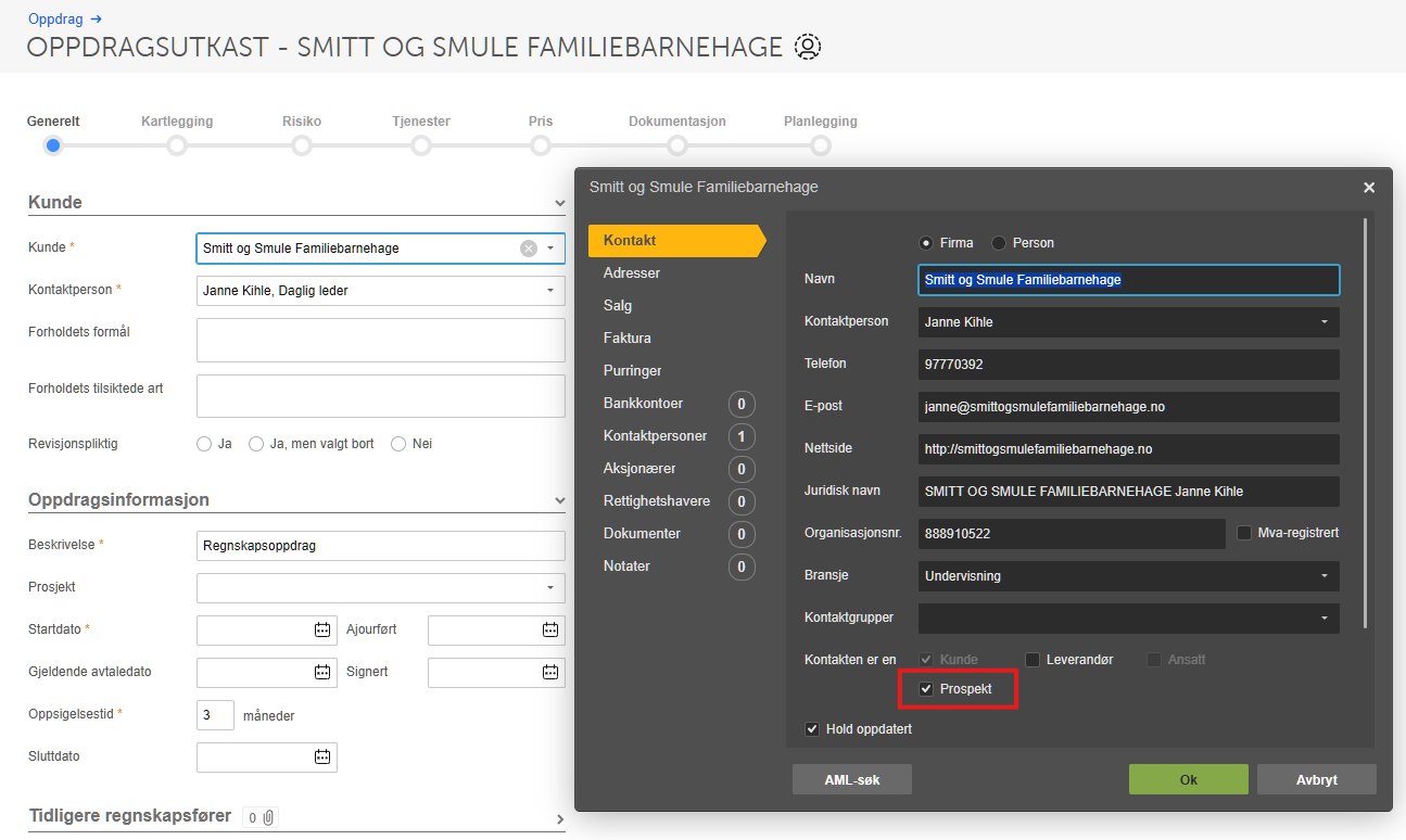 Kontakt-dialogboks for Smitt og Smule Familiebarnehage med Firma-valgt og Prospekt-avmerking markert