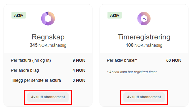 To abonnementkort: Regnskap 345 NOK/md med 9 NOK per faktura, Timeregistrering 100 NOK/md med 50 NOK per aktiv bruker