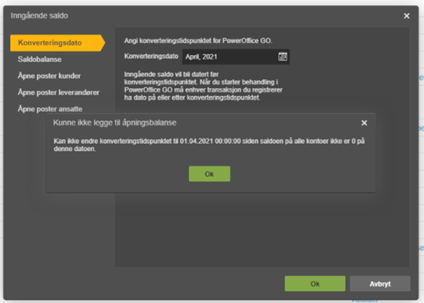 Importer saldo: banktransaksjonsvalidering april 2021 med saldokontroll 01.04.21
