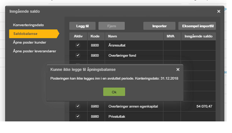 Saldoutligning-import: advarsel om periodefeil, OK-knapp, liste over konti 8800 og 9100 med beløp