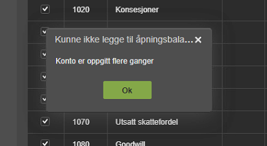 Feilmelding: «Kunne ikke legge til åpningsbalanse» — konto oppgitt flere ganger, Ok-knapp