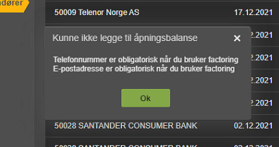 Feilmelding: Obligatoriske felt for fakturering — telefonnummer og e-postadresse påkrevd