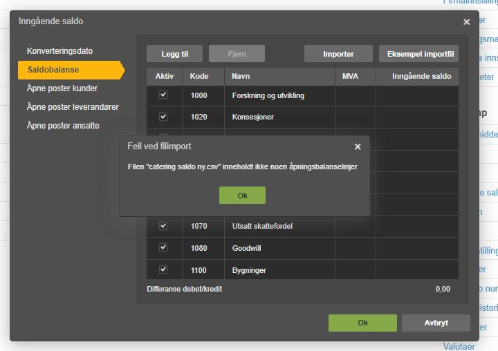 Advarselsdialog: Filen 'catering_saldo.my.csv' inneholder ikke åpningsbalansejlinjer. OK-knapp