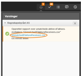 Versjoner-dialog for Regnskapsbyrået AS med gjennomført rapport og e-postadresse markert