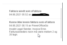 E-faktura sendt 04.06.2023, kan ikke endres. Kunde mottar ikke e-faktura fra PO Go.