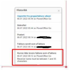 Historiepanel med advarsel: fakturasynkroniseringsfeil, betalingsidlo mangler mellom dato 35