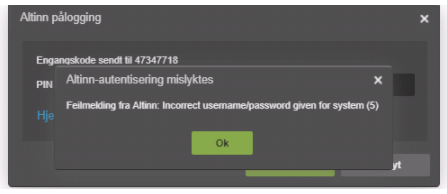 Allinn-pålogging feilmelding: Incorrect username/password given for system (S)