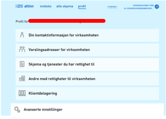 Profil-meny: Kontaktinfo → Varadressen → Skjema og tjenester → Rettigheter → Klientdelegering → Avanserte innstillinger