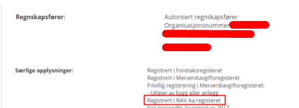 Regnskapsførere: autosort, organisasjonsnummer. Sørlige opplysninger: «Registrert i NAV Aa-registeret» markert