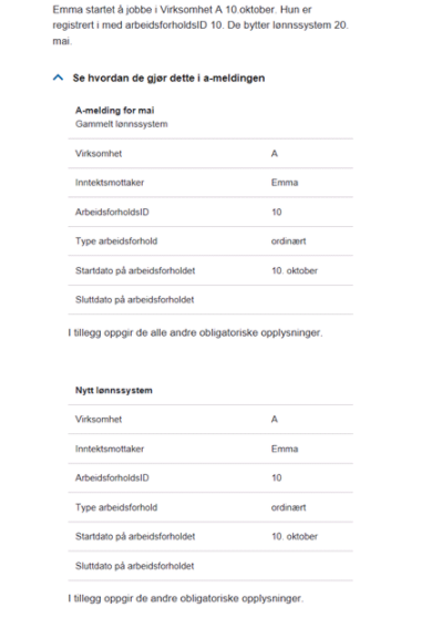 Tabell: Gammelt vs. Nytt lønnssystem – Virksomhet A, Emma, ArbeidsforholdID 10, ordinært, 10. oktober