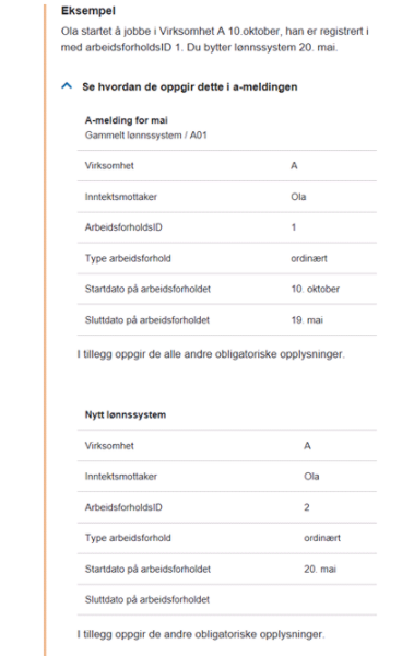 A-melding mai: Virksomhet A, Ola innmelder, ArbeidsforholdID 1→2, ordinært, 10. oktober–19. mai