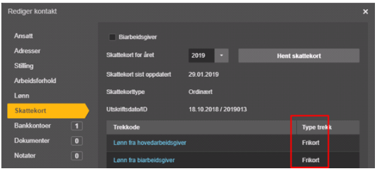 Rediger kontakt-dialogboks: venstre meny med Skattekort valgt, høyre panel viser skattekortdetaljer 2019 og to trekkoder