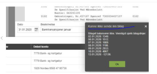 Feilmelding: Kunne ikke sende inn bilag. Bilag ikke mottatt 02.01.2020. OK-knapp synlig.