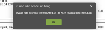 Feilmelding: Kunne ikke sende inn bilag — EUR til NOK-konvertering feilet, valutakurs 10,5138