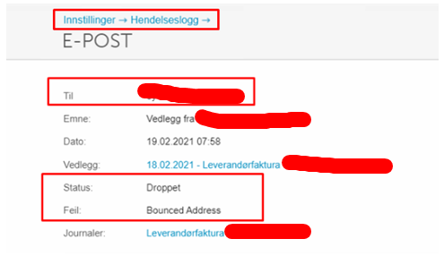 E-post-detaljer: Status Droppet, Feil Bounced Address, dato 19.02.2021, leverandørfaktura-referanse