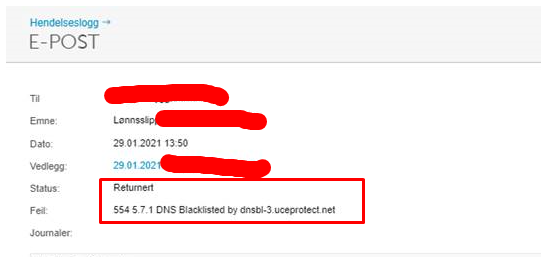 E-post status Returnert: $54,57 DNS-blokkering dnsbl-3.uceprotected.net