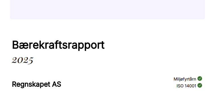 Bærekraftsrapport 2025, Regnskap AS. Miljøfyrtårn og ISO 14001 sertifisert.