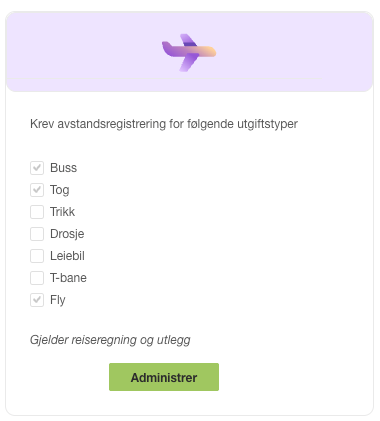 Krevavstands-utgiftstyper: Buss, Tog og Fly avkrysset. Grønn Administrer-knapp