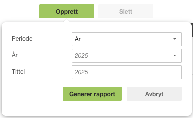 Generer rapport-dialogboks: Periode År 2025, Tittel 2025 med Generer rapport- og Avbryt-knapper