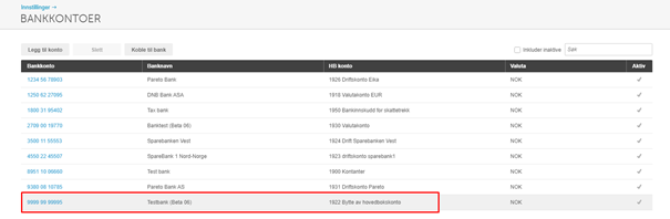 Bankkontoer-liste med DNB Brukskonto markert rødt, viser IBAN, valuta NOK og påbegyntstatus