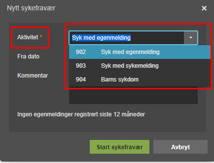 Dialogboks Nytt sykefravaer: Aktivitet-dropdown med koder 902–904, Fra dato og Kommentar-felter