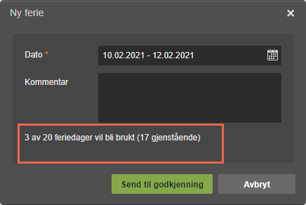 Feriedialog: datofelt 10.02–12.02.2021, advarsel om 3 dager brukt, 17 gjenstående