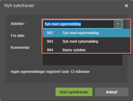 Dialogboks Nytt sykefravær: aktivitetsdropdown viser sykekoder 902, 903, 904 og Barns sykdom