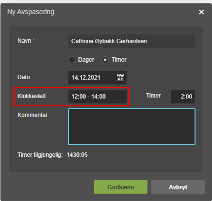 Ny Avspasering: Cathrine Øybakk Gerhardsen, 14.12.2021 kl. 12:00–14:00, Timer tilgjengelig 2:00