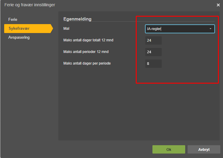 Egenmelding-felt: IA-regel-valg, maks 12 dager totalt, 12 dager periode, 8 dager per periode
