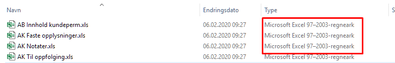Filliste: fire Excel-filer fra 06.02.2020 markert som Microsoft Excel 97-2003-regneark