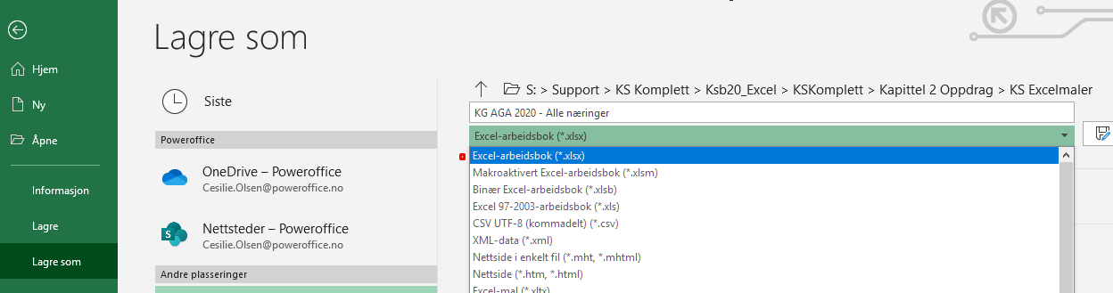 Filvalg-dropdown med Excel-arbeidsbok (*.xlsx) markert; alternativer inkluderer CSV, XML, HTML