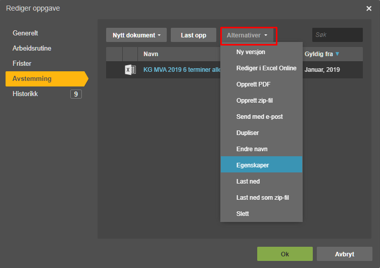 Alternativer-dropdown: Ny versjon, Excel Online, PDF, zip-fil, e-post, Dupliser, Egenskaper, Last ned, Slett