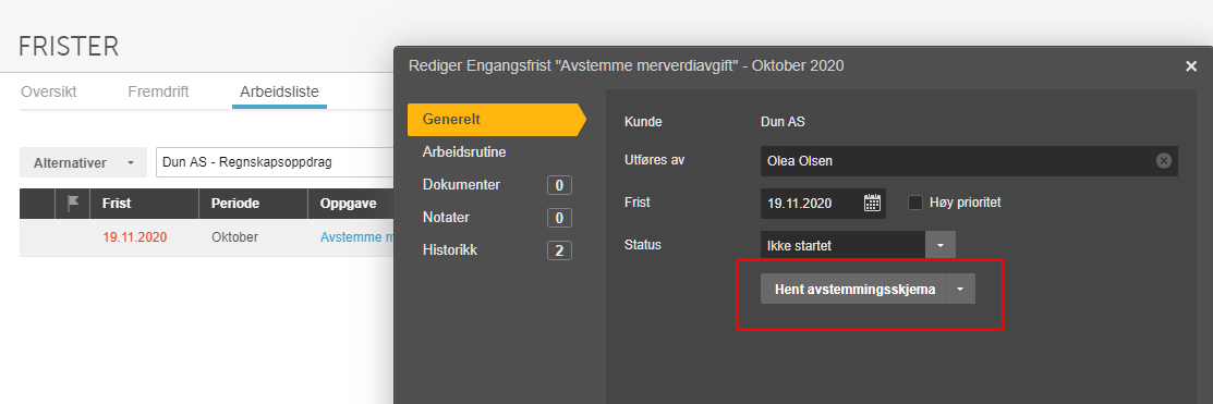 Rediger Engangsfrist-dialogboks: Dun AS, Olea Olsen, frist 19.11.2020, Status «Hent avstemmingsskjema»
