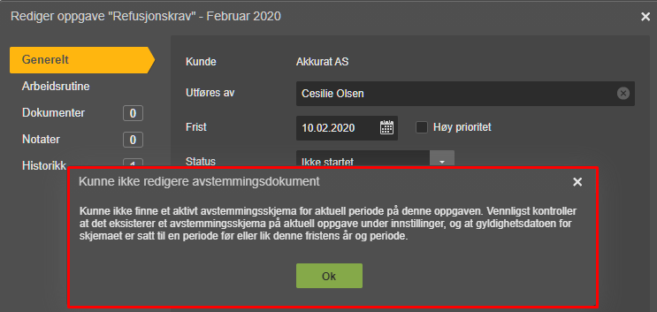 Feilmelding: Kunne ikke redigiere avstemmingsdokument — aktivt avstemmingsskjema mangler