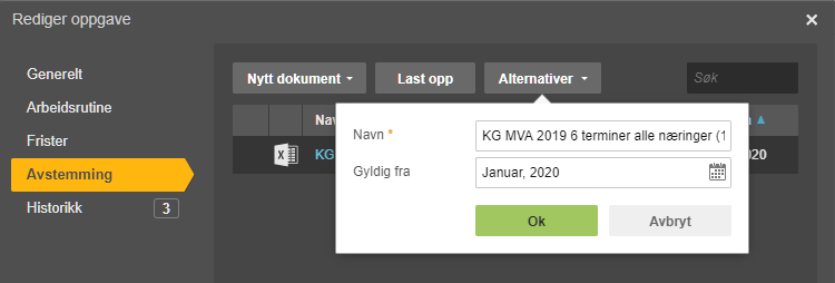 Dialogboks Rediger oppgave: Navn «KG MVA 2019 6 terminer alle næringer», Gyldig fra januar 2020, Ok og Avbryt-knapper