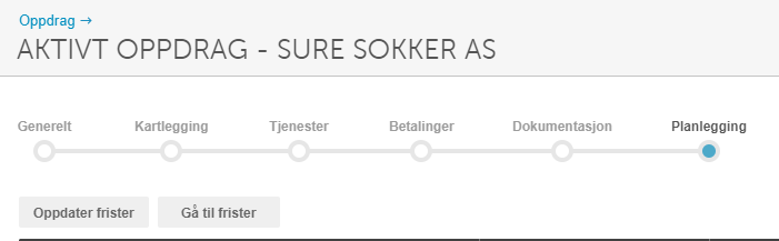 Oppdrag Sure Sokker AS: Generelt → Kartlegging → Tjenester → Betalinger → Dokumentasjon → Planlegging (aktiv)