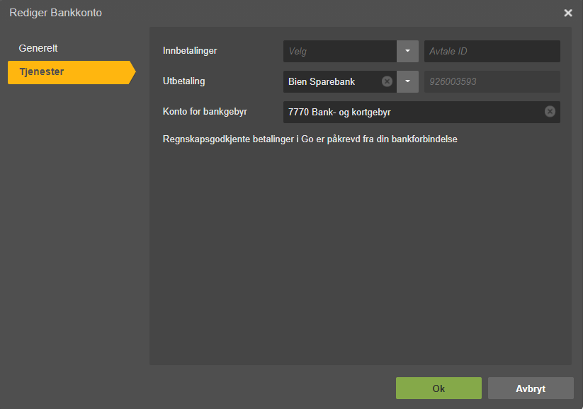 Rediger Bankkonto → Tjenester: Utbetaling Bien Sparebank, Konto 7770, Ok/Avbryt-knapper