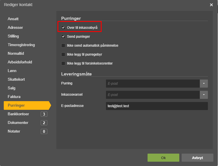 Rediger kontakt → Purringer: Over til inkassofirma merket, Send purringer aktivert, e-postadresse test@test.test