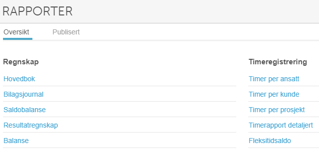 Rapporter: Regnskap (Hovedbok, Bilagsjournal, Saldobalanse, Resultat, Balanse) → Timeregistrering (Timer, Fleksitidsaldo)