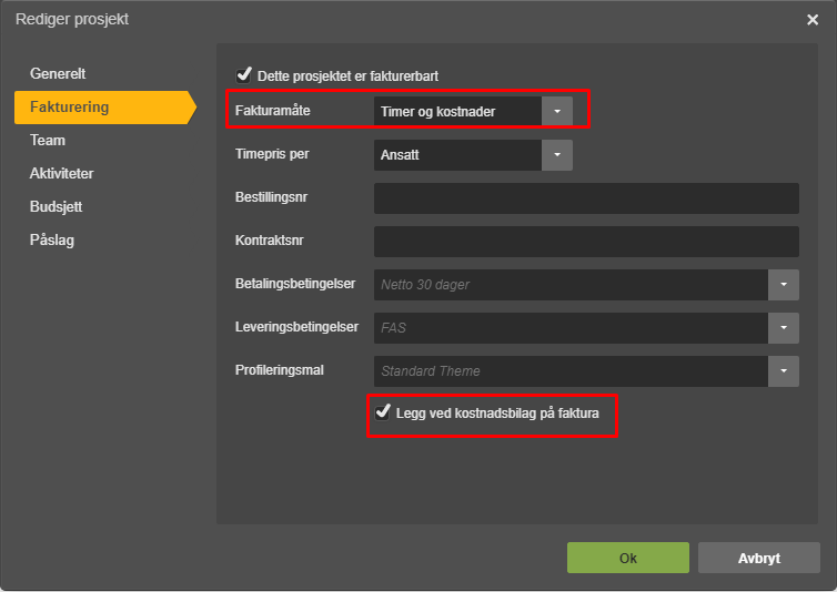 Rediger prosjekt, Fakturering: Fakturamåte Timer og kostnader, betalingsbetingelser, kostnadsbilag aktivert