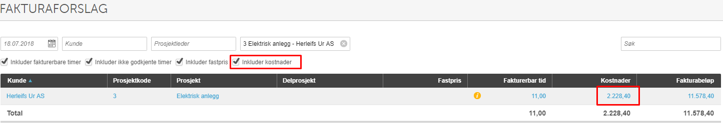 Fakturaforslag Herløfs Ur AS: Elektrisk anlegg, 11 timer, kostnader 2.228,40 kr, totalt 11.578,40 kr