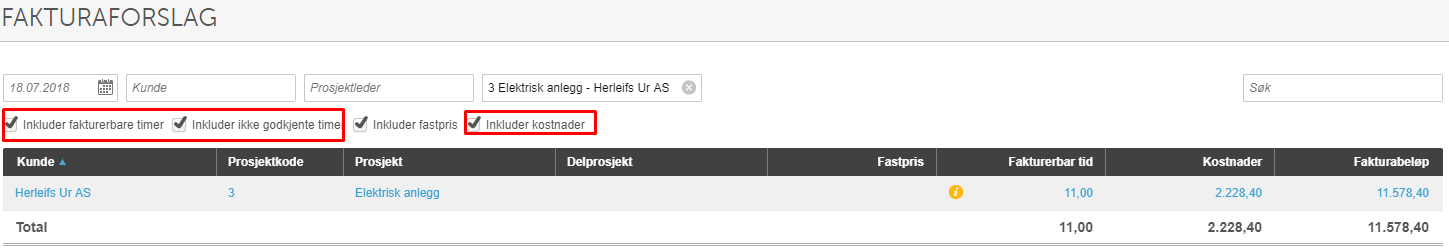 Fakturaforslag 18.07.2018: Herleifs Ur AS, Elektrisk anlegg, 11.00 timer, 2.228,40 kostnader, 11.578,40 totalt