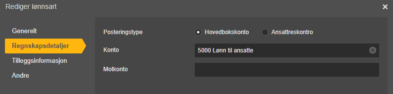 Dialogboks Rediger lønnsart, fane Regnkapsdetaljer med Konto 5000 Lønn til ansatte valgt