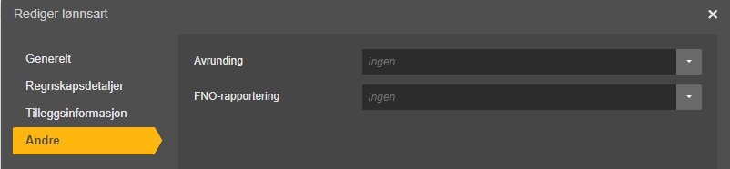 Rediger lønnsart-dialog: Generelt, Regnkapsdetaljer, Tilleggsinformasjon, Andre. Avrunding og FNO-rapportering: Ingen