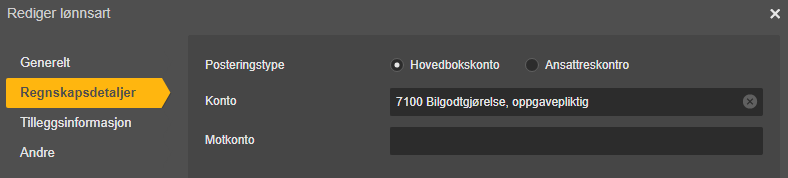 Rediger lønnsart: Posteringstype Hovedbokskonto, Konto 7100 Bilgodtgjørelse, tomt Motkonto