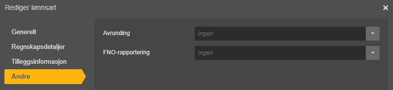 Rediger lønnsart: Generelt, Regnskapsdetaljer, Tilleggsinformasjon, Andre-fanen. Avrunding og FNO-rapportering.